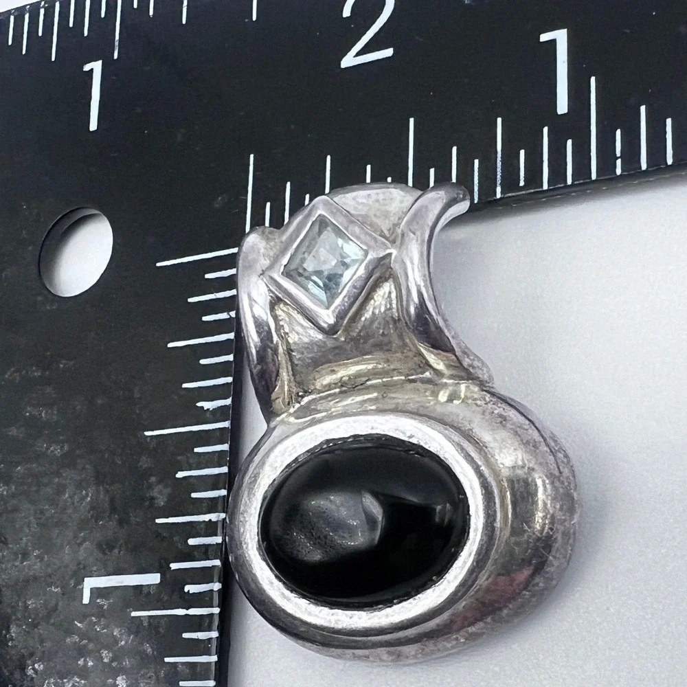 Sterling Silver Slide‎ Pendant Black Onyx Cabochon Faceted Blue Gemstone 925 SU